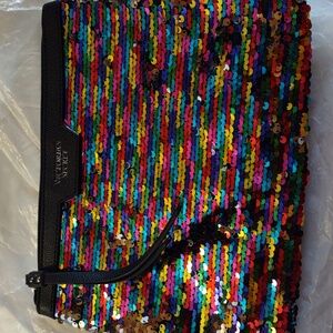 NWOT Victoria Secret sequin and faux leather makeup bag black, rainbow